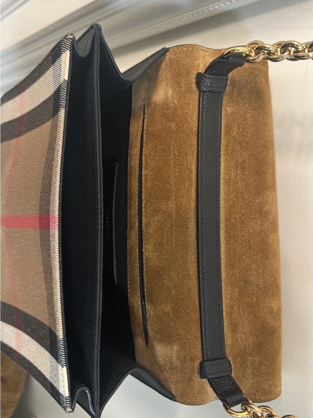 Burberry Black Leather & Beige Check Crossbody with Gold Hardware - Picture 5 of 11